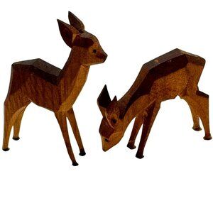 Hand-Carved Wooden Deer Figurine Set Of 2 Rustic Decor Woodland Animal Handmade